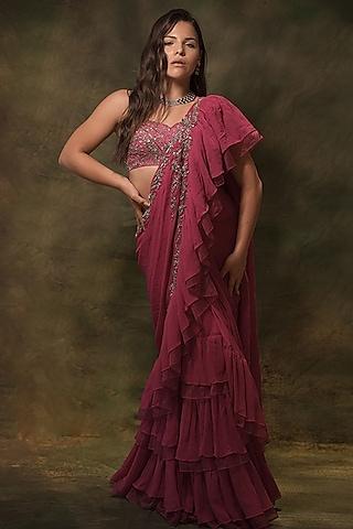 pink georgette hand embroidered pre-stitched ruffled skirt saree set