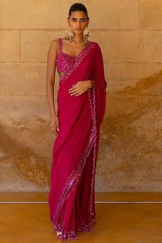 pink georgette hand embroidered saree set