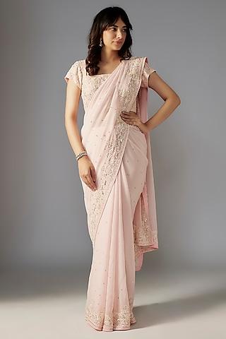 pink georgette hand embroidered saree set