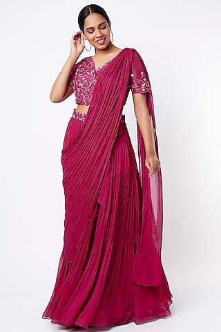 pink georgette lehenga saree set with detachable drape