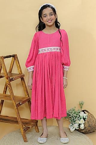 pink georgette lurex embroidered tiered dress for girls