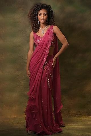 pink georgette mirror embroidered pre-stitched ruffled skirt saree set