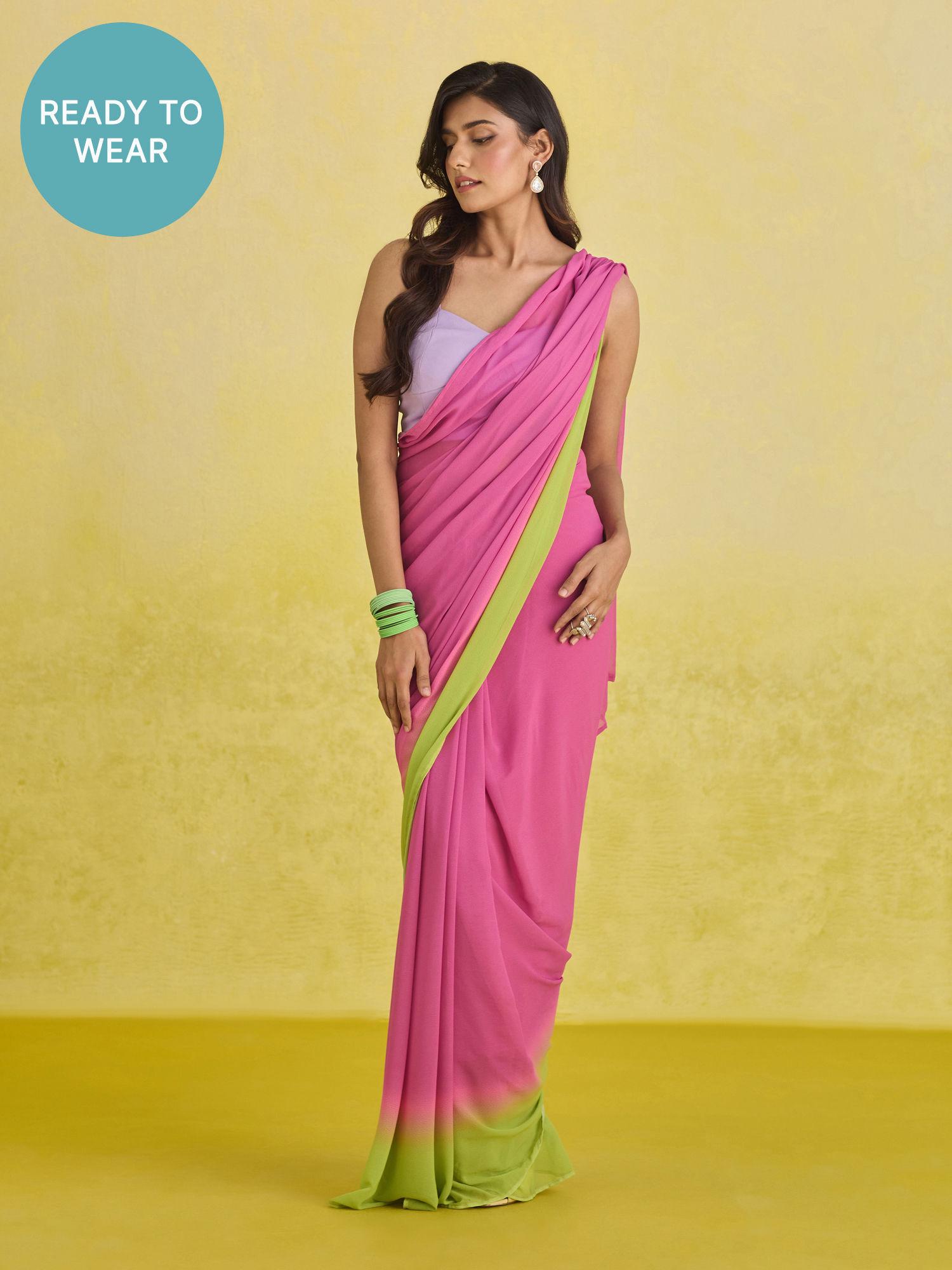 pink georgette ombre woven ready to wear saree and unstitched blouse