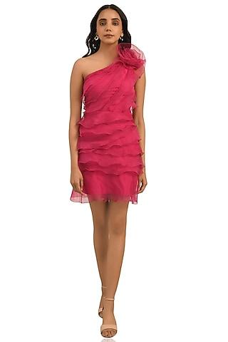 pink georgette one-shoulder ruffled dress