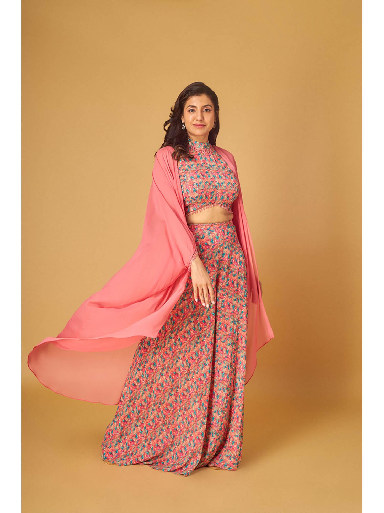 pink georgette printed blouse-sharara with cape (set of 3)