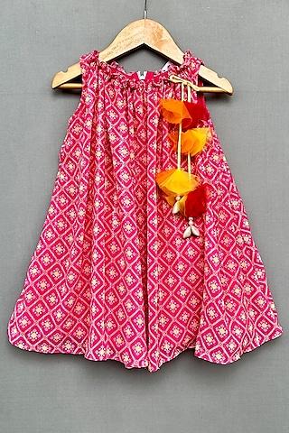 pink georgette printed flared dress for girls