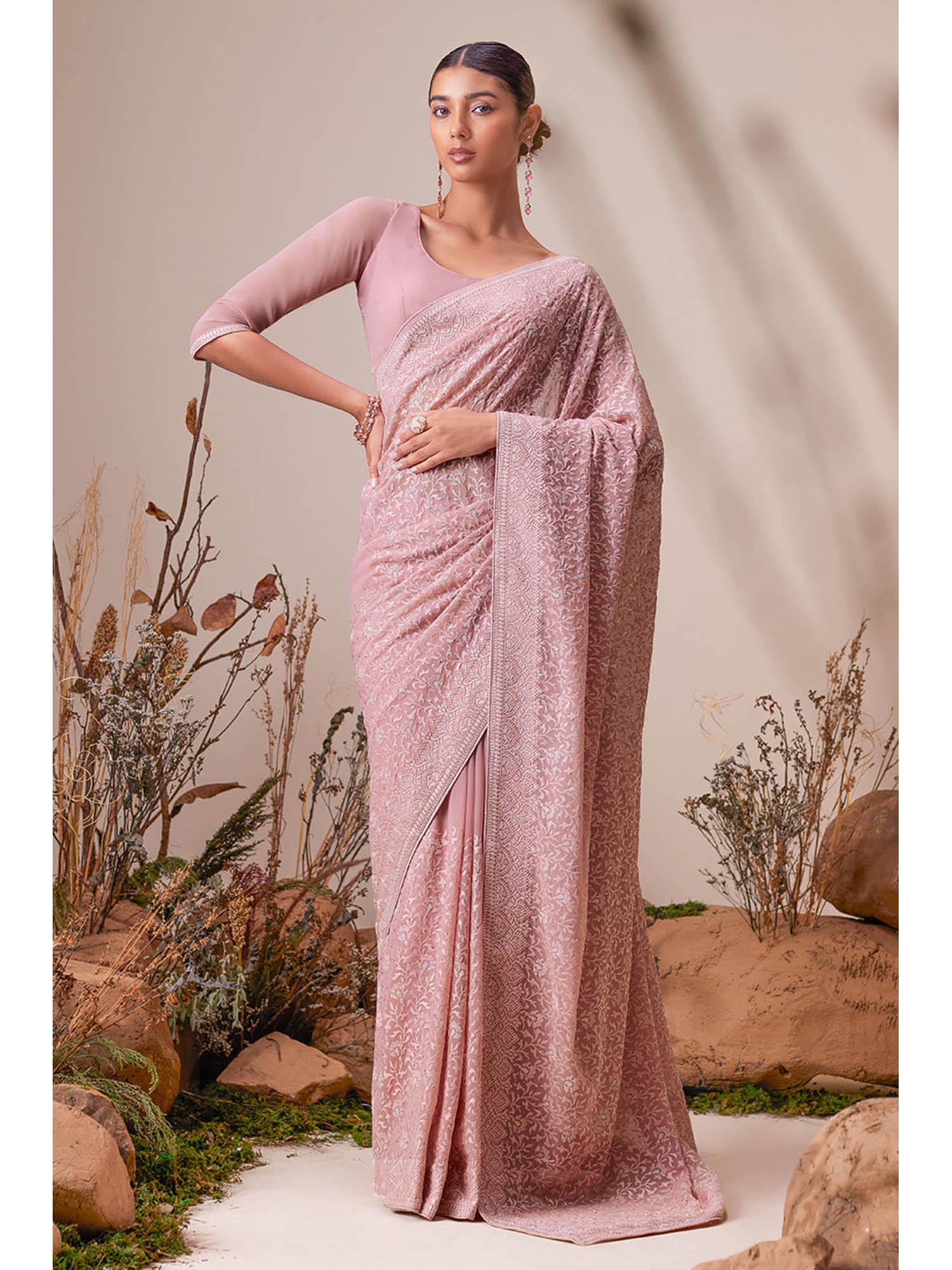 pink georgette self floral embroidery and stones saree with unstitched blouse