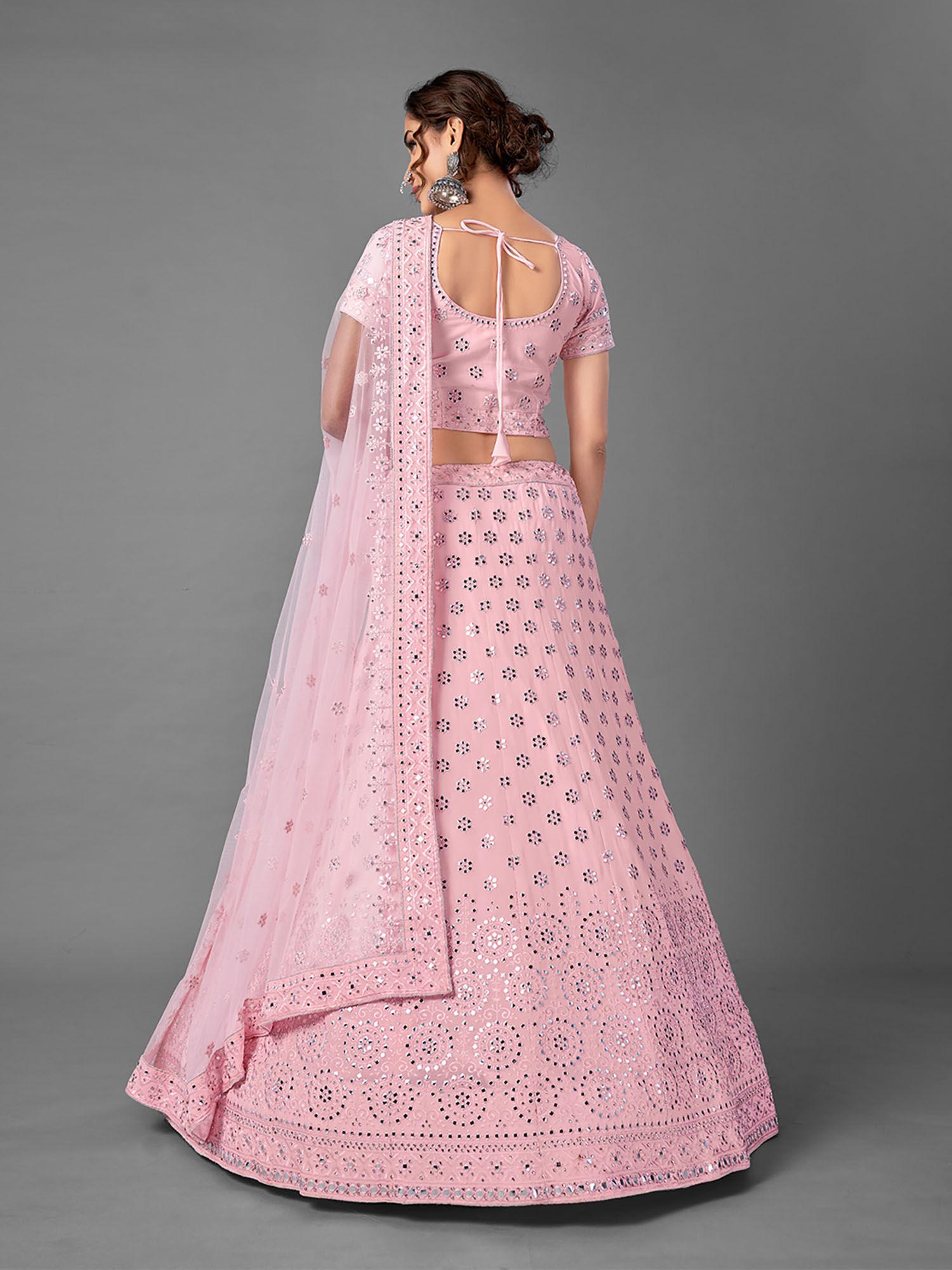 pink georgette semi stitched lehenga with unstitched blouse (set of 3)