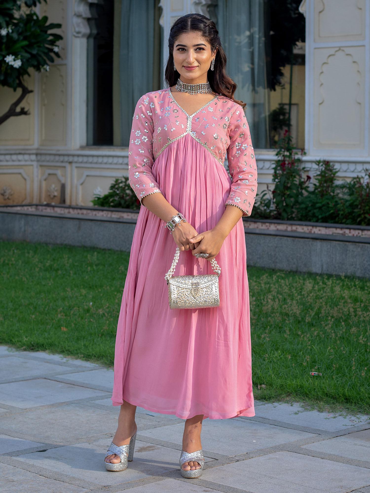 pink georgette sequin embroidered a-line dress