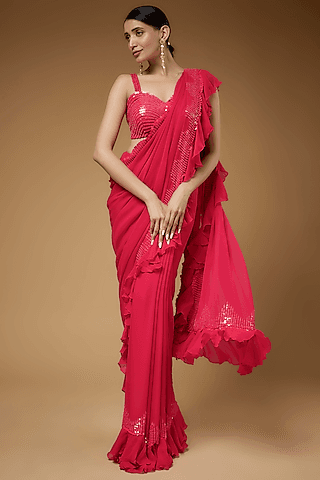 pink georgette sequins embroidered frilled saree set