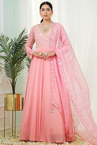 pink georgette sequins hand embroidered kalidar anarkali with dupatta