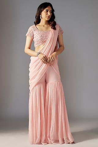 pink georgette sharara saree set