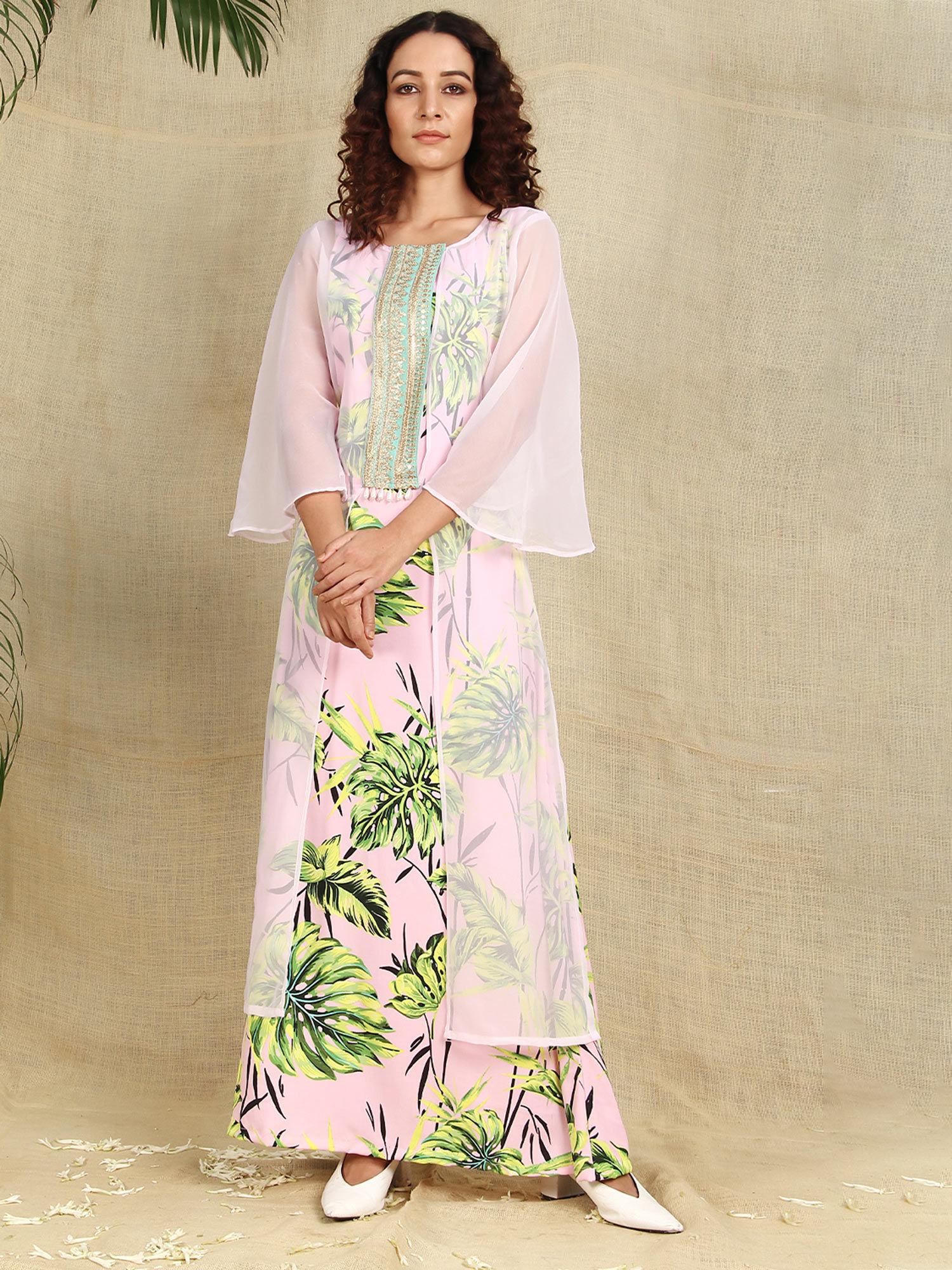 pink georgette shrug with crepe floral gown (set of 2)