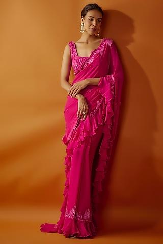 pink georgette tikki embroidered frilled saree set