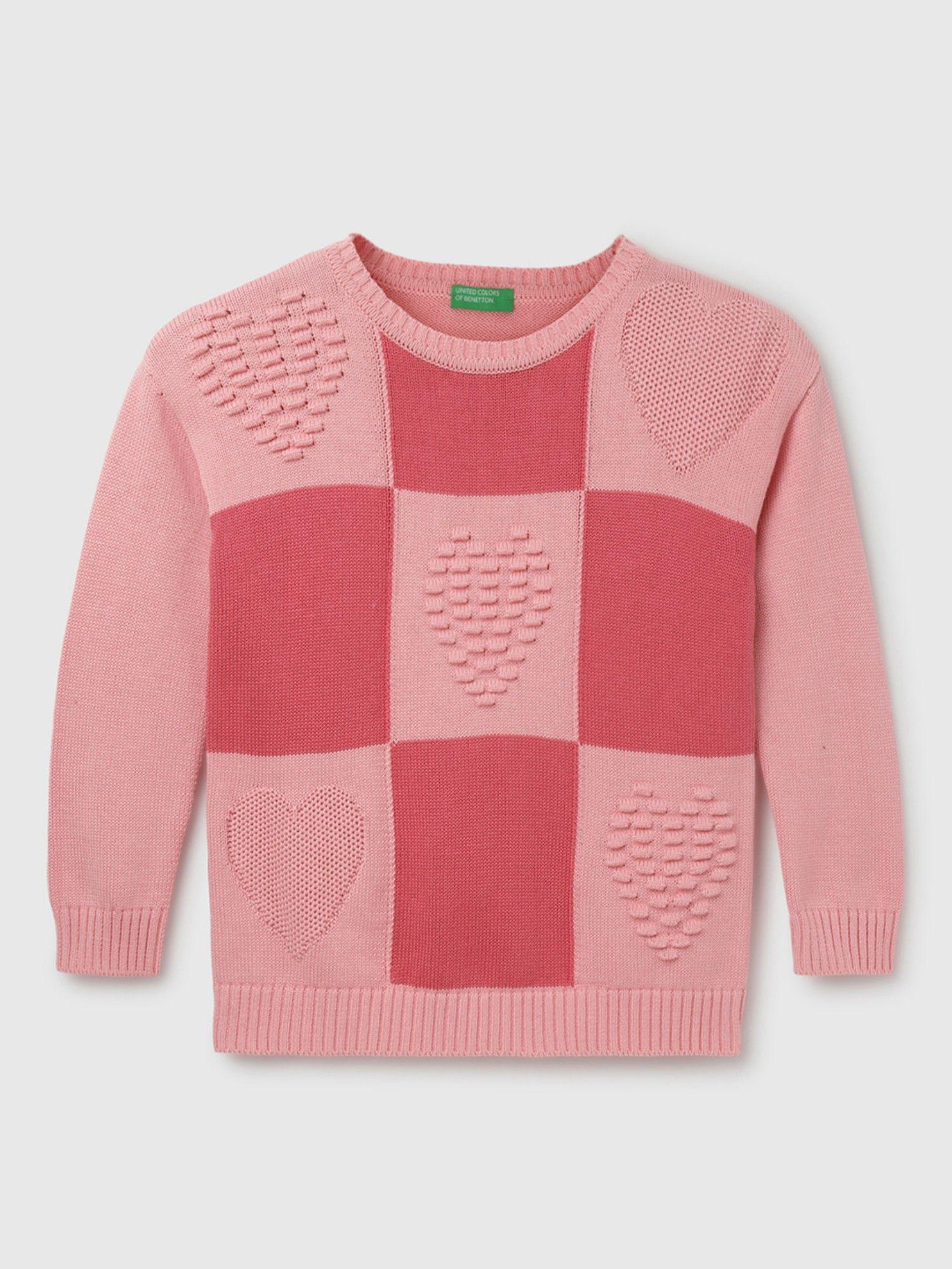 pink girls regular fit round neck checked sweater