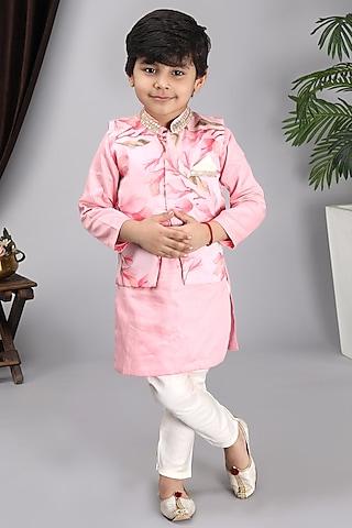 pink glace cotton printed bundi jacket with kurta set for boys