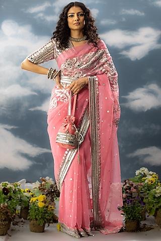pink glass nylon hand embroidered saree set