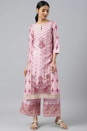 pink glitter printed shantung kurta