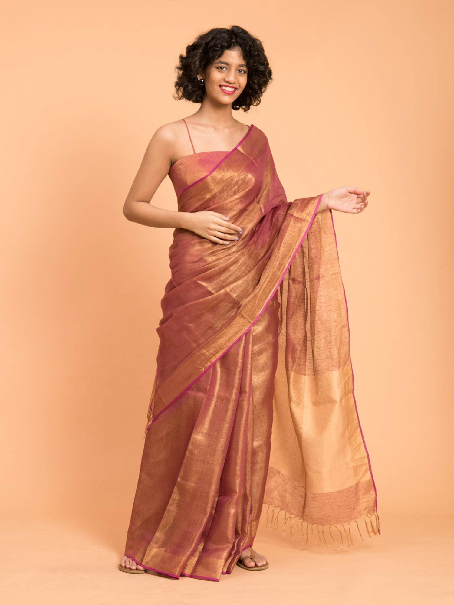 pink-gold & zari-edged linen saree without blouse