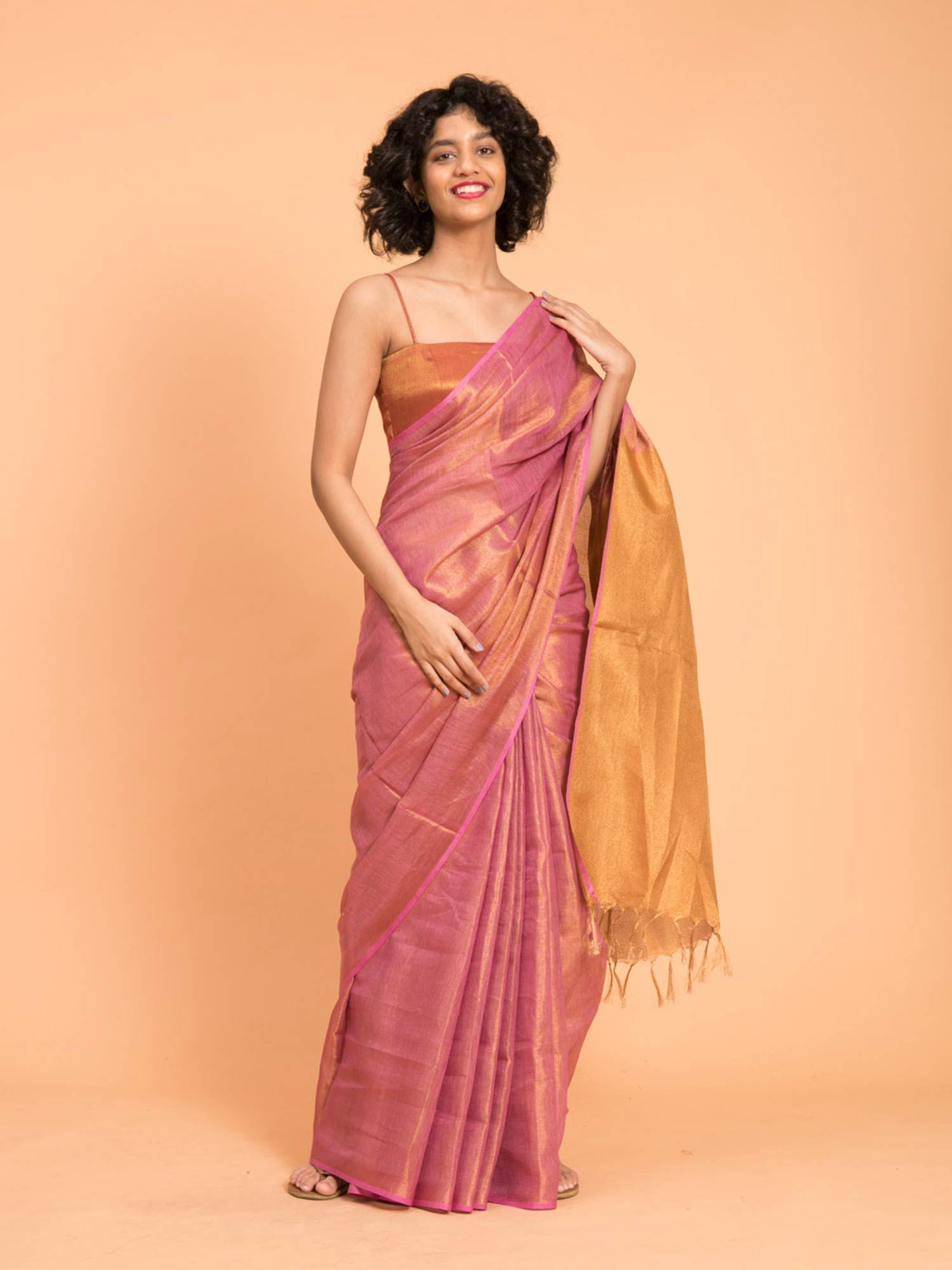 pink-gold & zari-edged linen saree without blouse