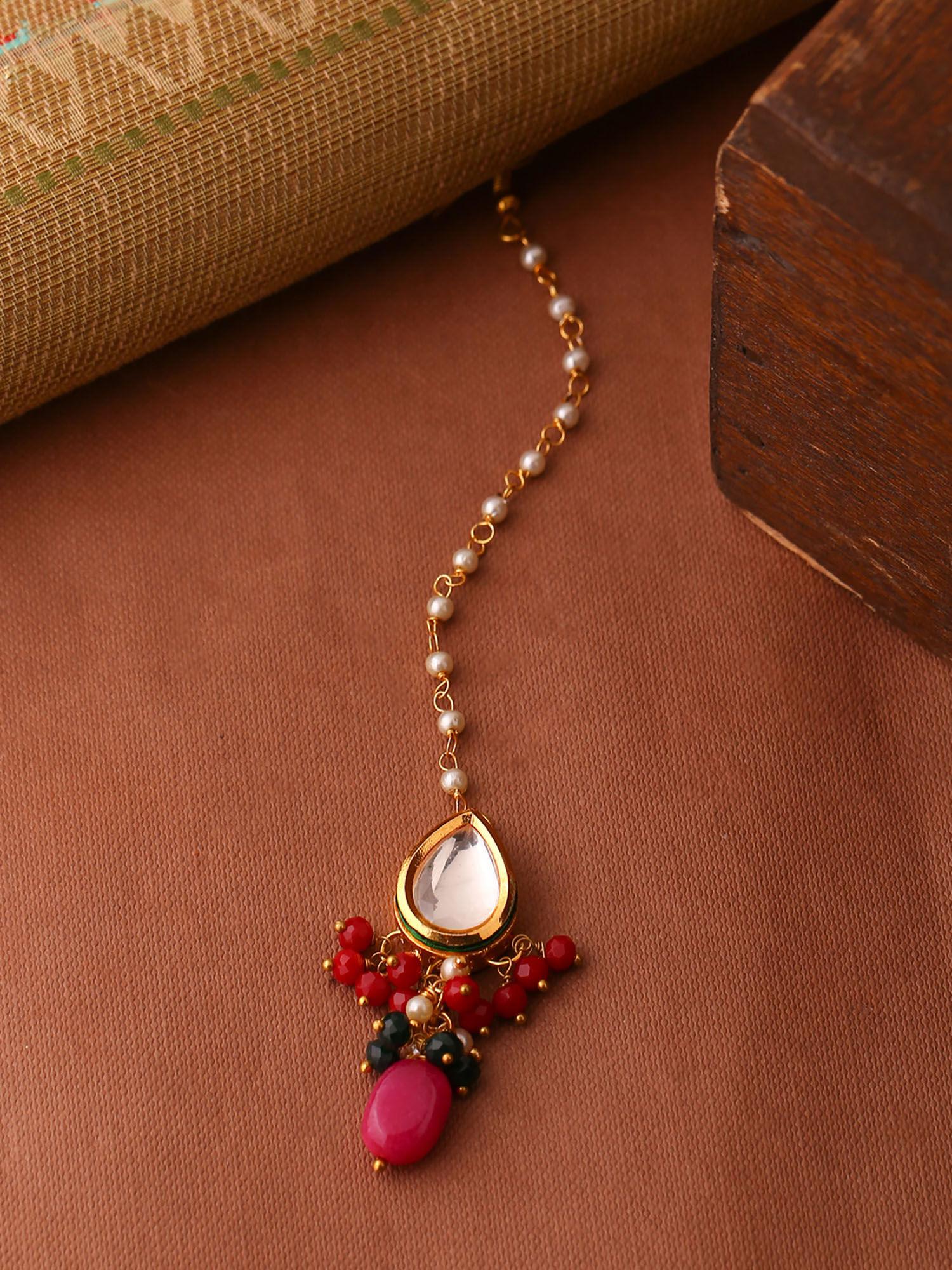 pink gold-plated handcrafted maang tikka