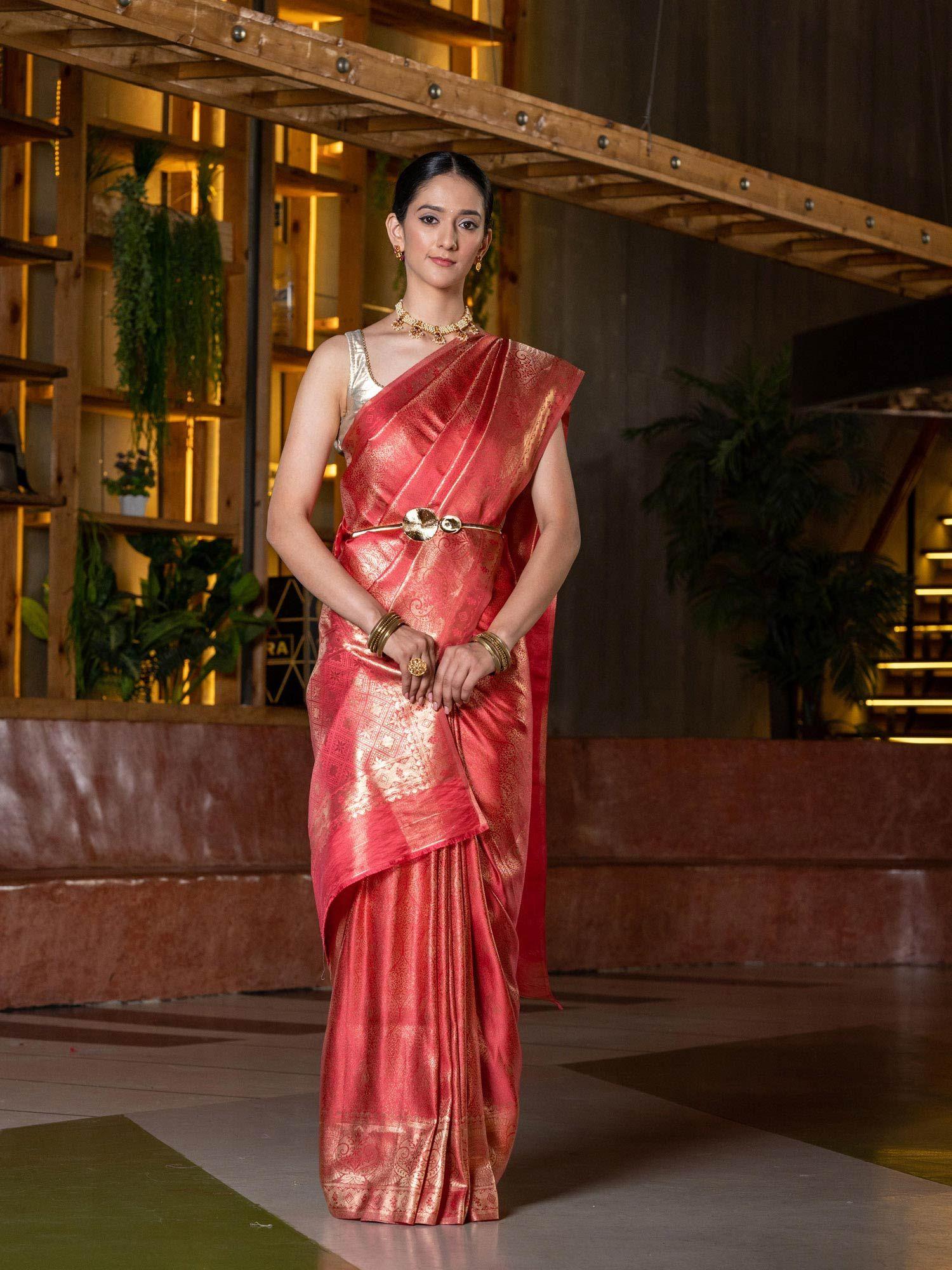 pink gold-toned ethnic motifs zari silk blend banarasi saree with unstitched blouse