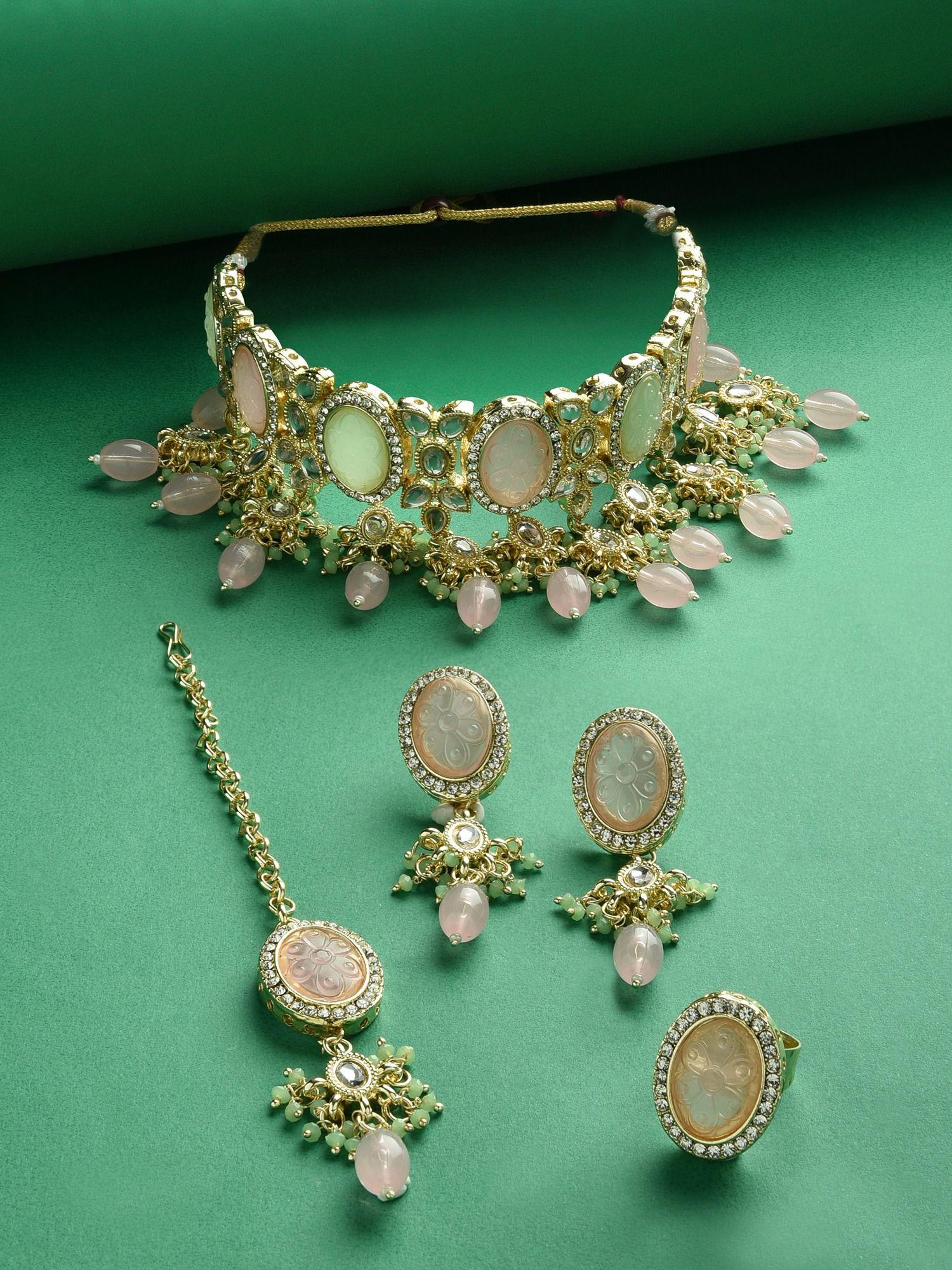 pink green kundan necklace earring ring & maangtikka set-zpfk15376