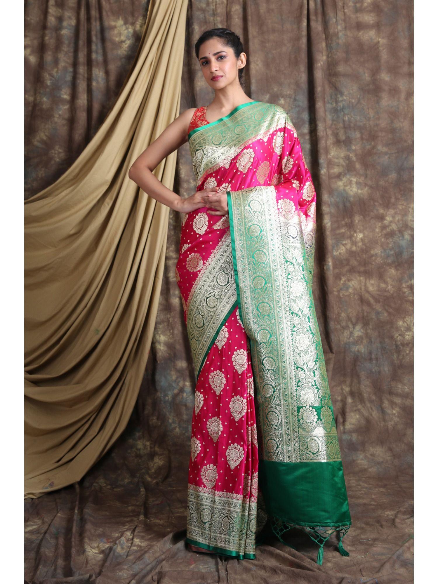 pink green woven design zari pure silk saree with unstiched blouse