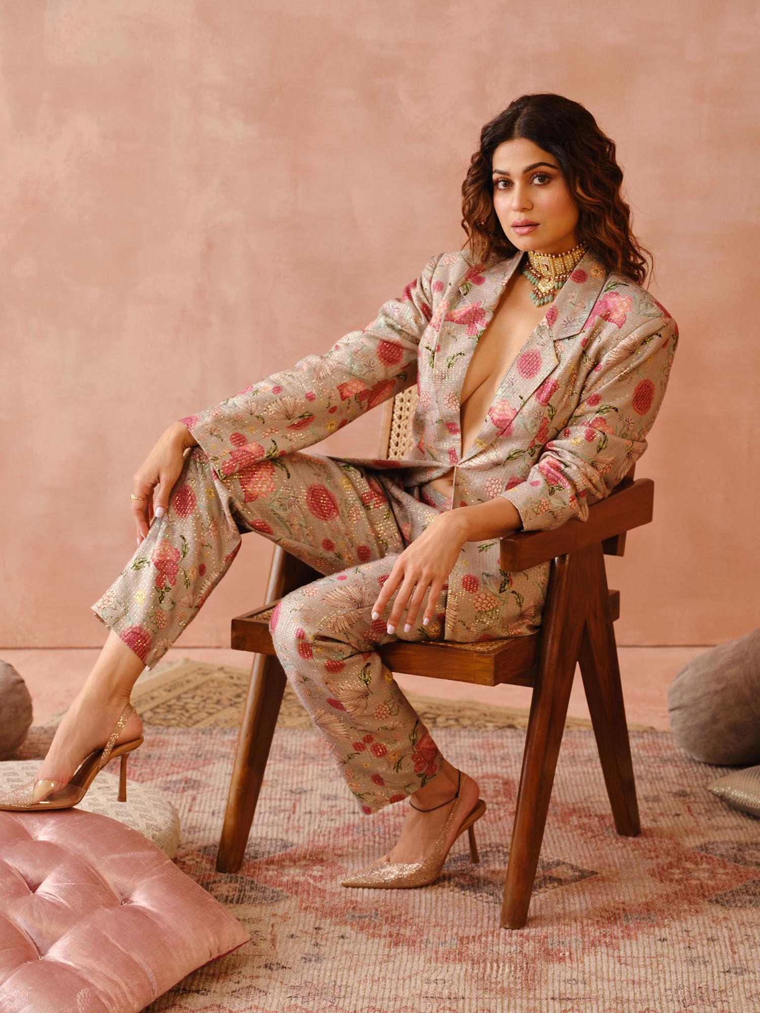 pink gulbagh print blazer with bustier and pants (set of 3)