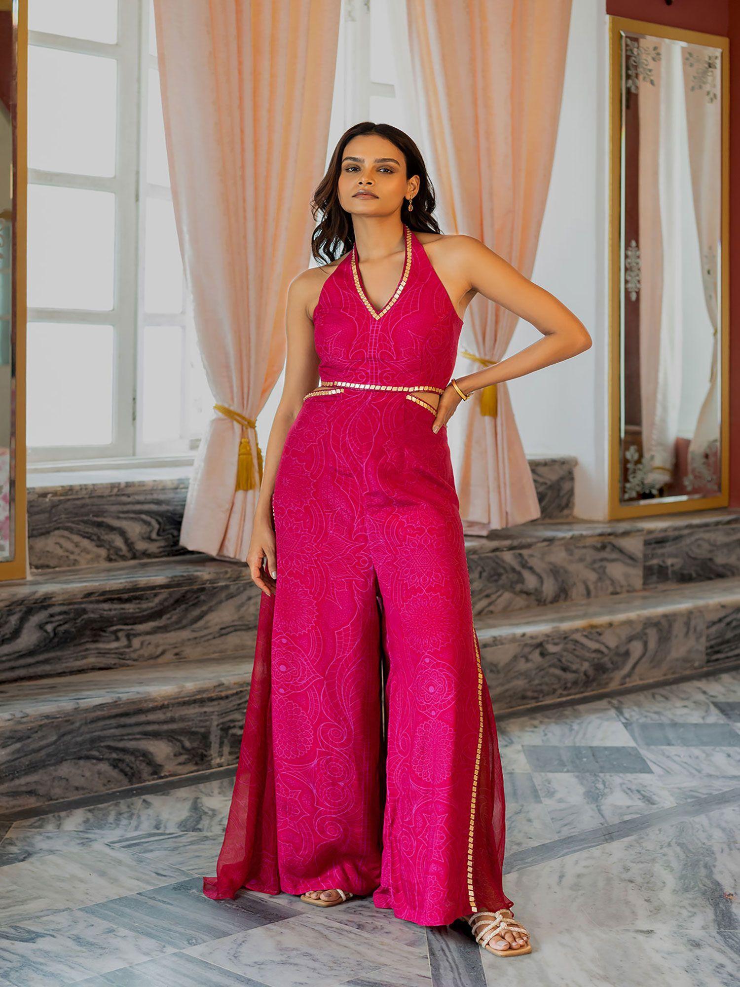pink halter neck jumpsuit with side chiffon panel on pants