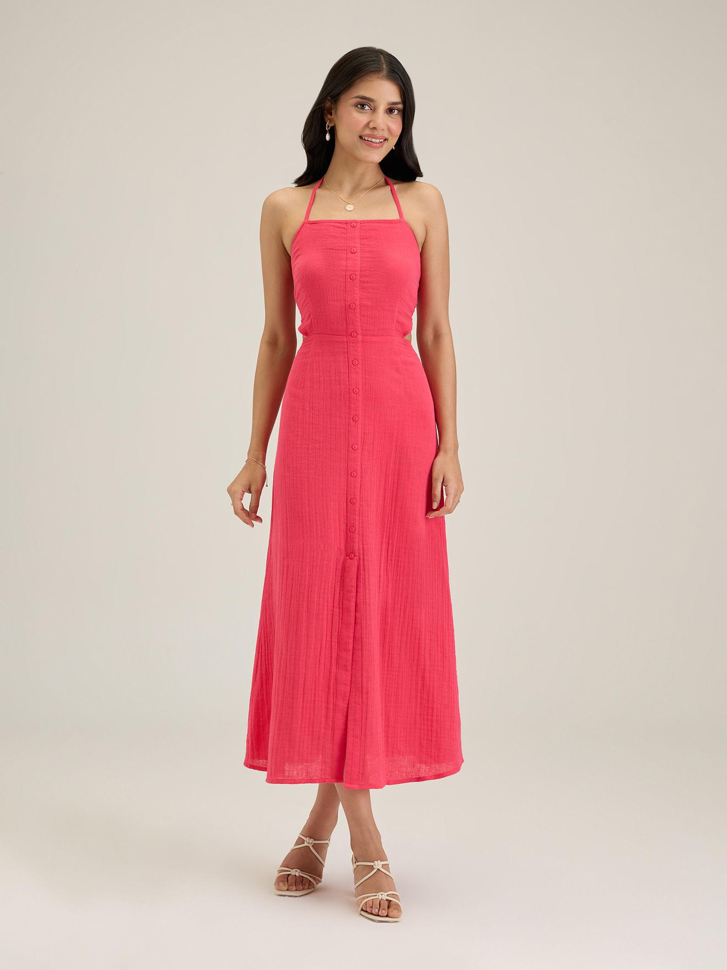 pink halter neck solid midi dress
