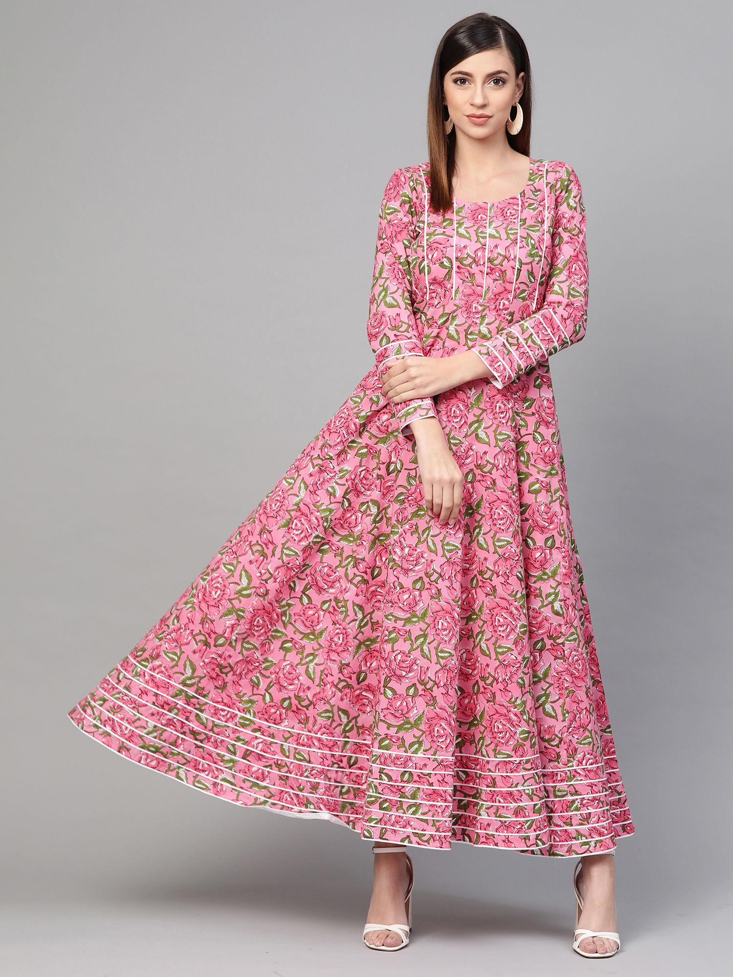 pink hand block floral print dress