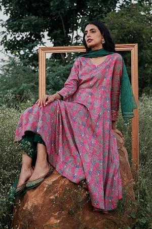 pink hand block print anarakali kurta