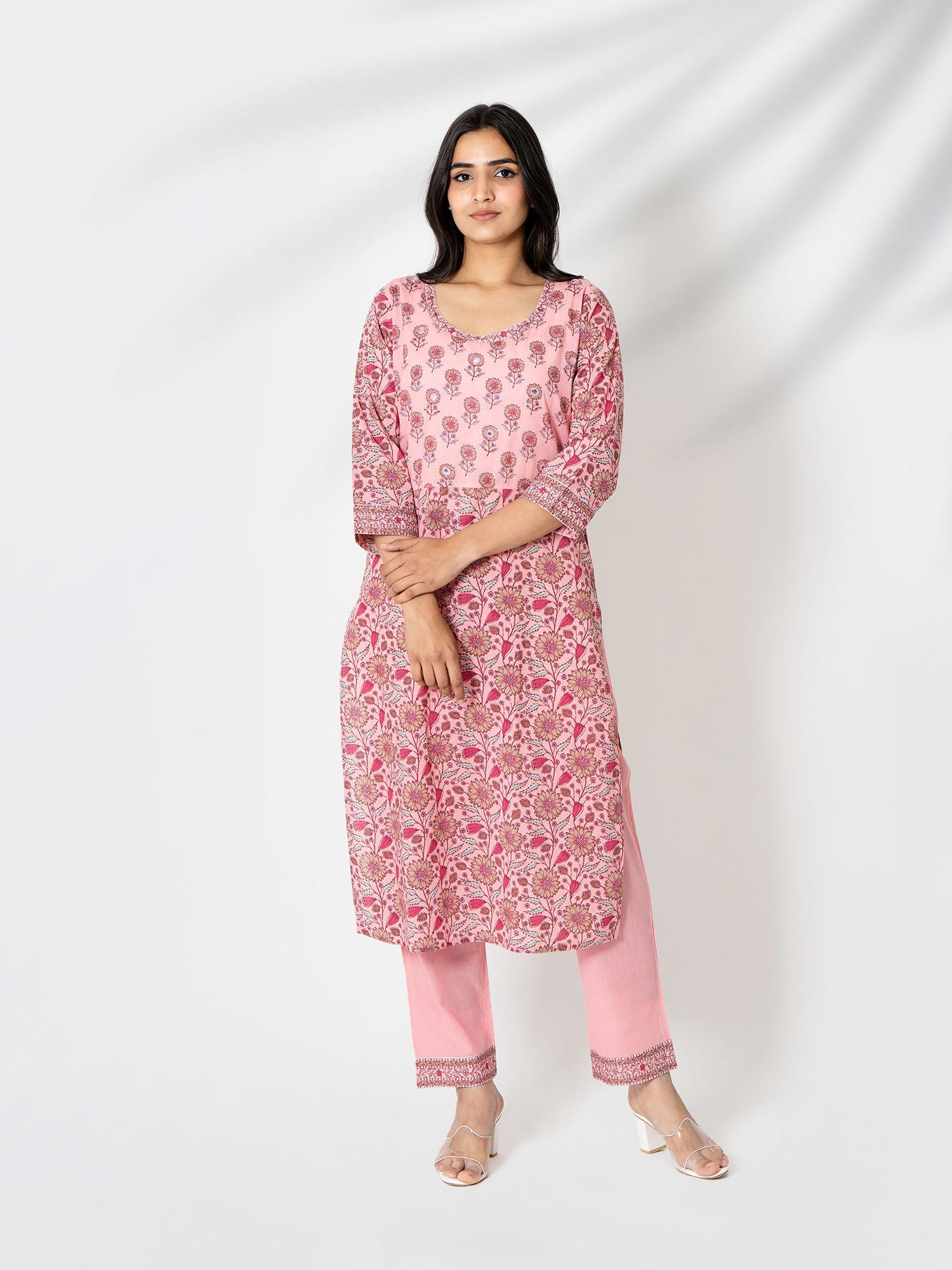 pink hand block print cotton kurta with pants (set of 2)