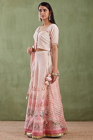 pink hand block printed lehenga set