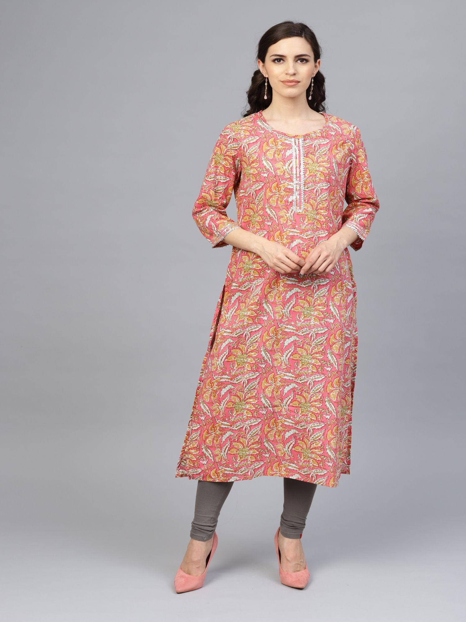 pink hand block printed straight pure cotton kurta