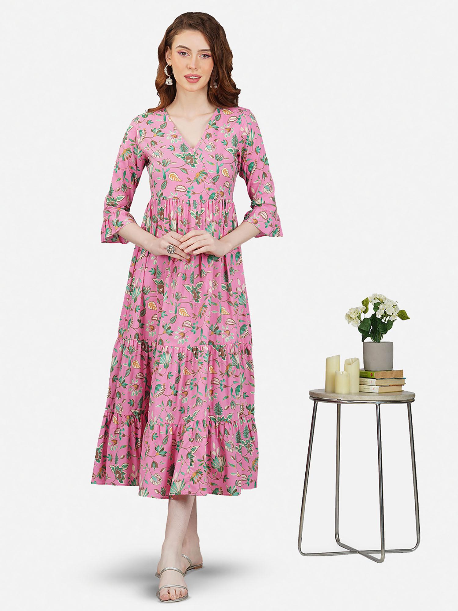 pink hand block printed v-neck long printed tired dress with gather