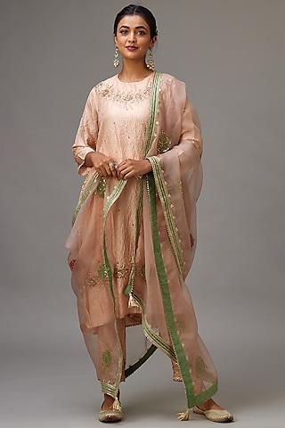 pink hand crushed silk embroidered asymmetrical kurta set