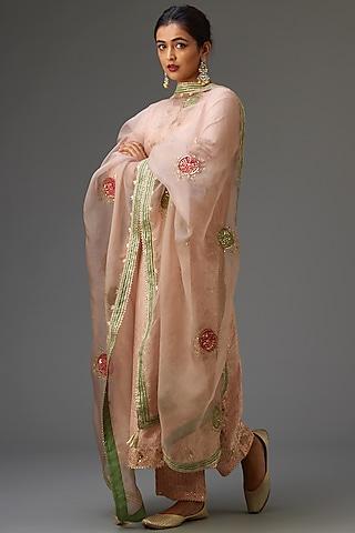 pink hand crushed silk embroidered kurta set
