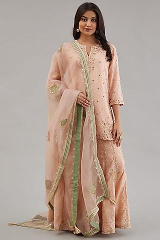 pink hand crushed silk embroidered kurta set