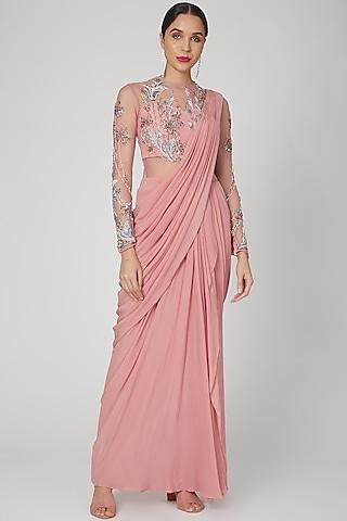 pink hand embellished gown saree