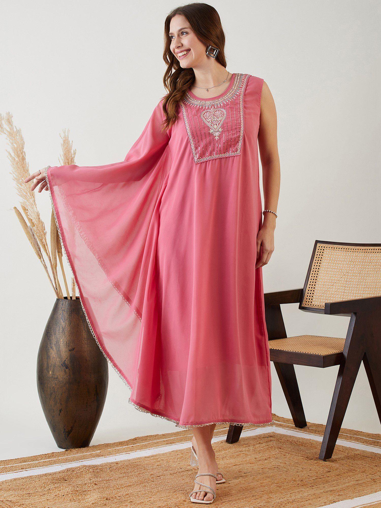 pink hand embroidered asymmetrical kaftan dress