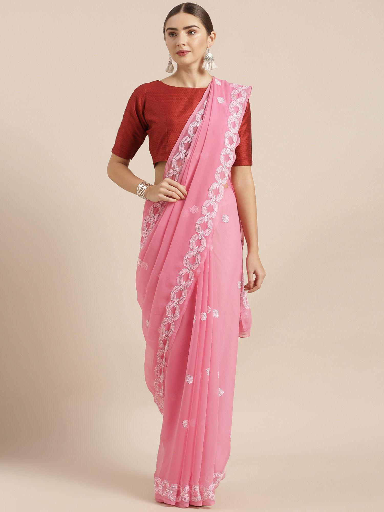 pink hand embroidered faux georgette lucknow chikan saree with blouse piece (a204743)