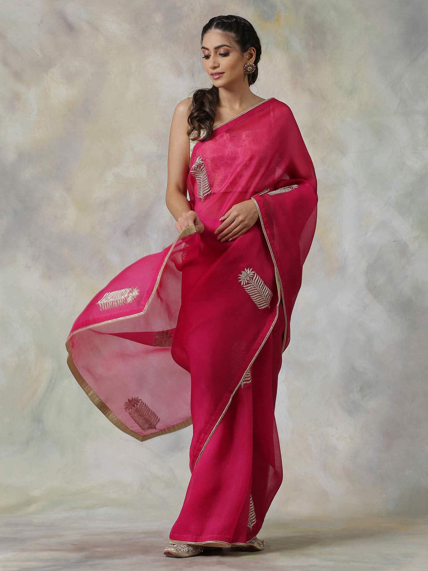 pink hand embroidered organza saree with zardozi booti