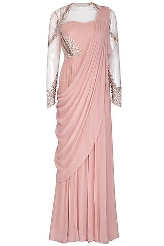 pink hand embroidered saree gown