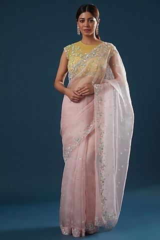 pink hand embroidered saree set