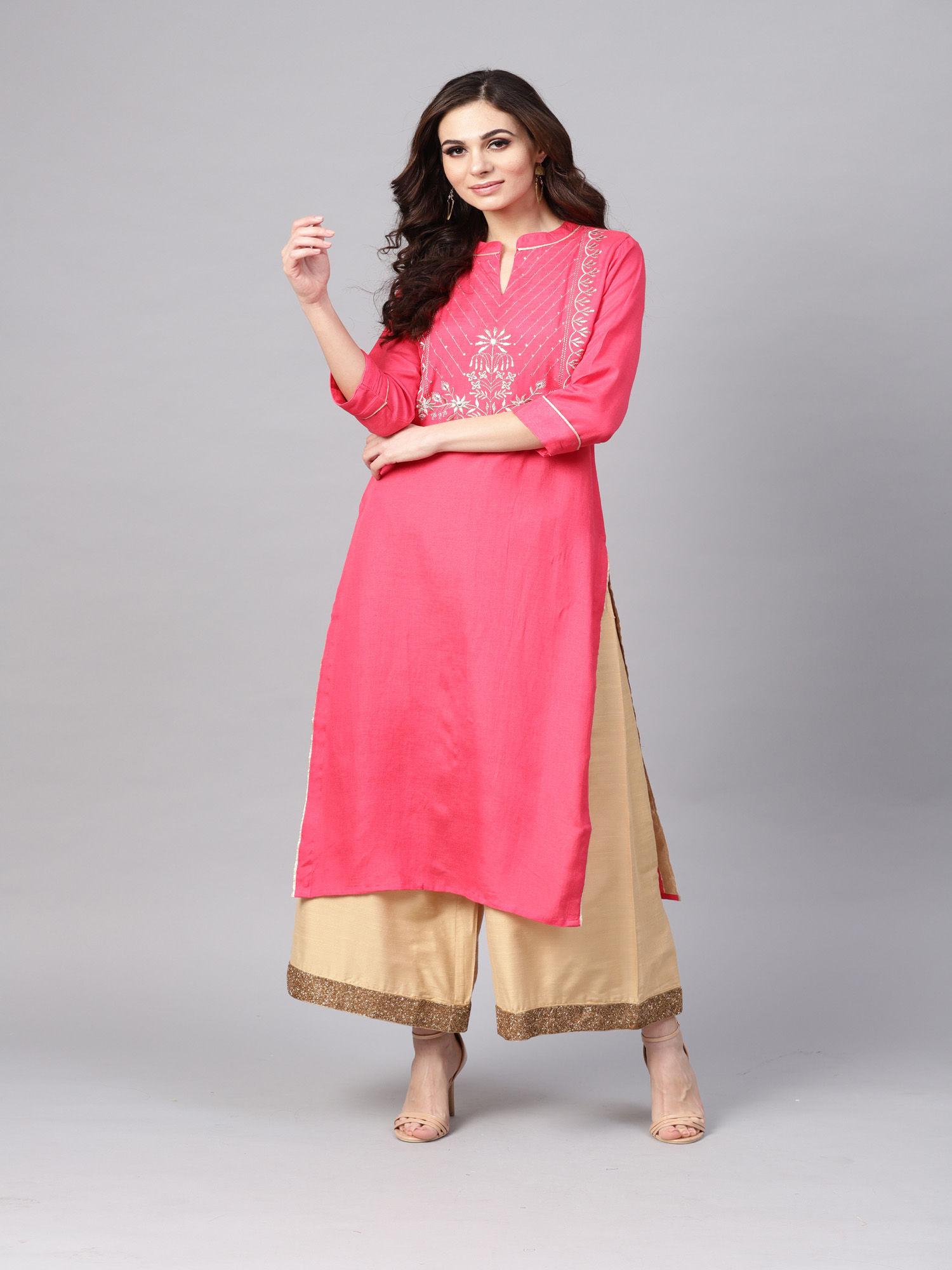 pink hand embroidered straight rayon kurta