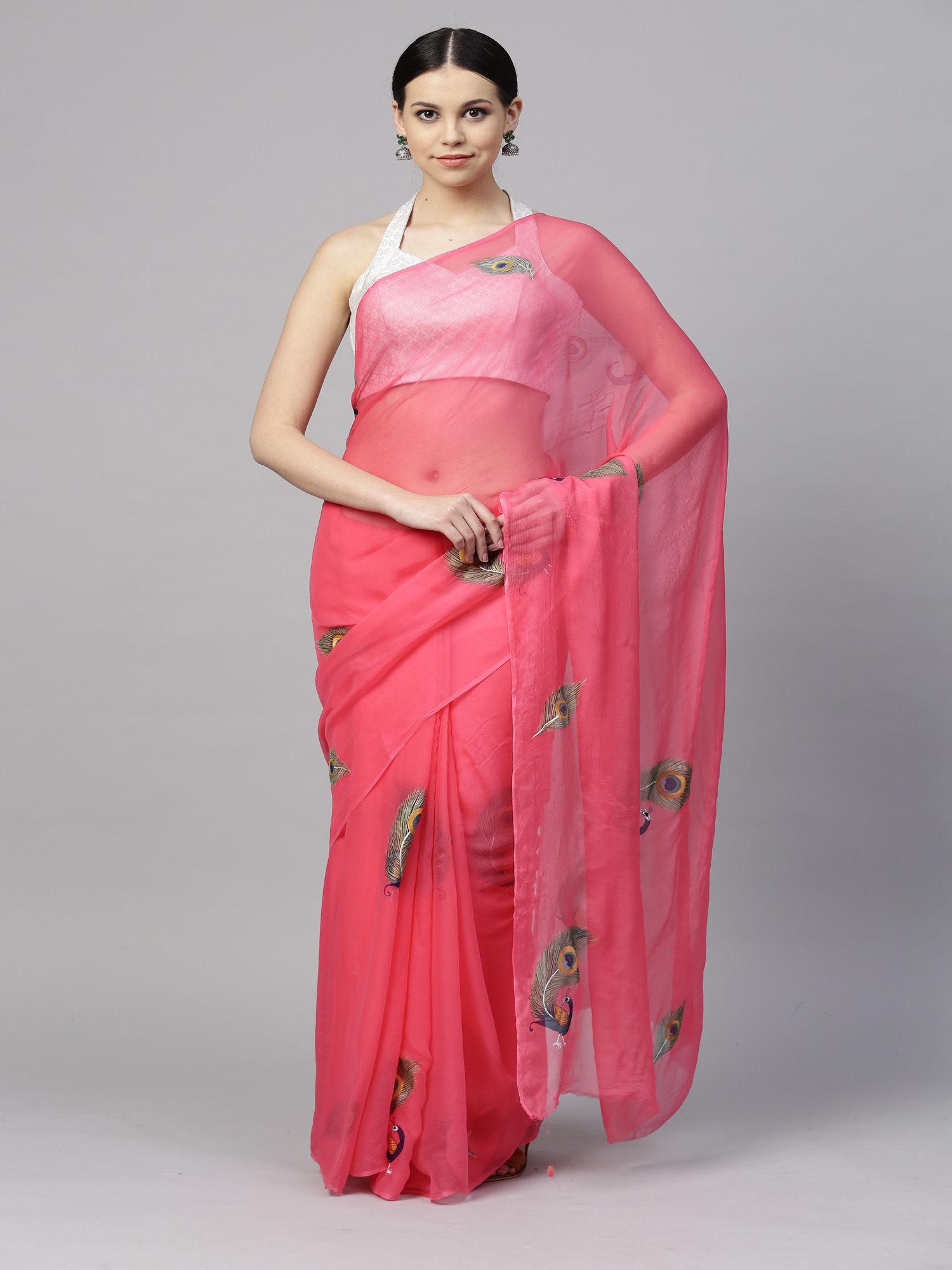 pink hand painted floral chiffon saree