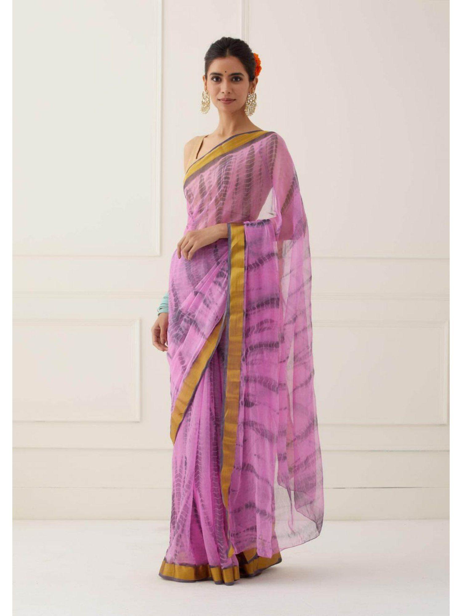 pink hand tie and dyed shibori chiffon saree with unstitched blouse