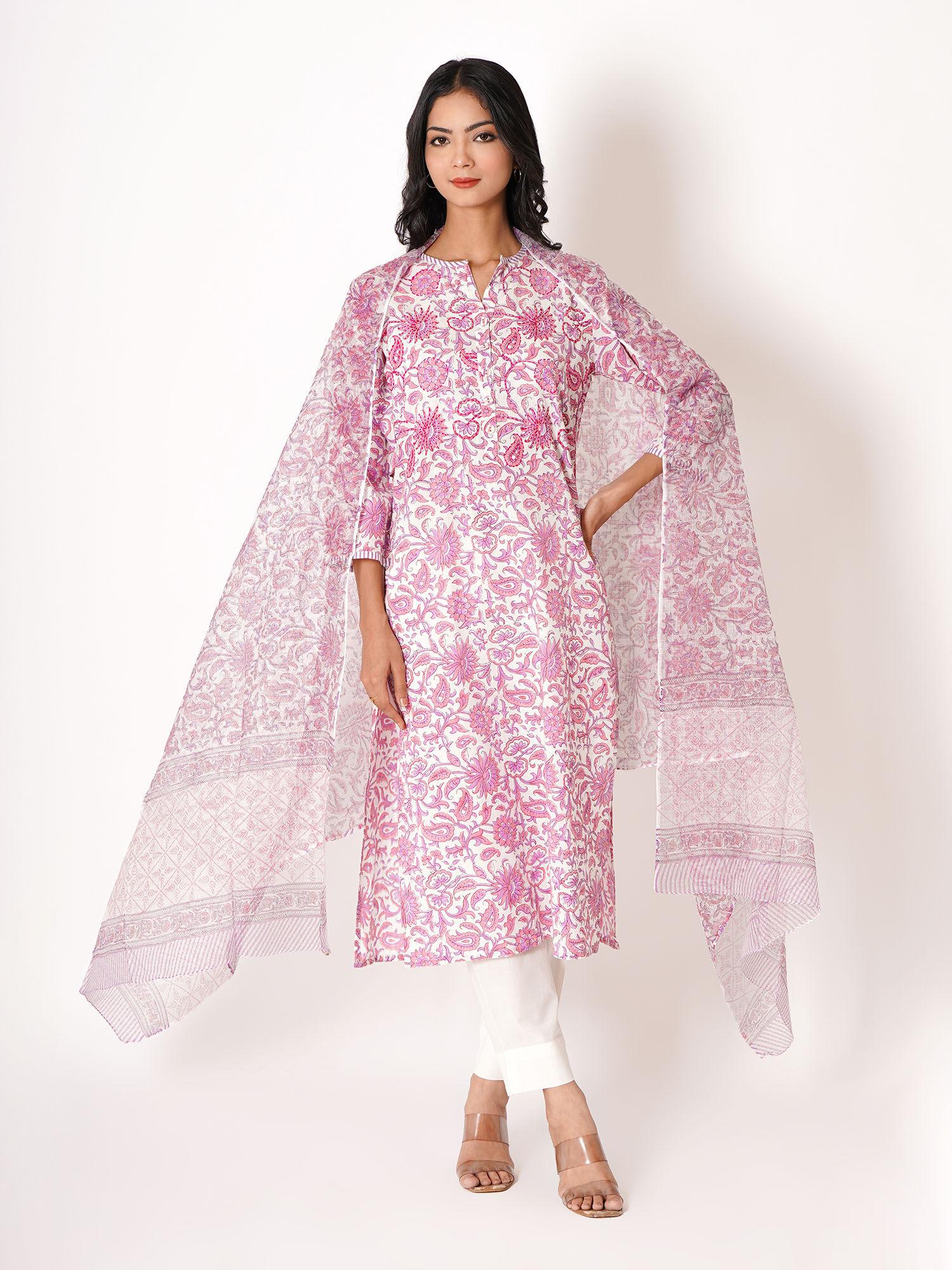 pink handblock print cotton kurta with pant and dupatta (set of 3)